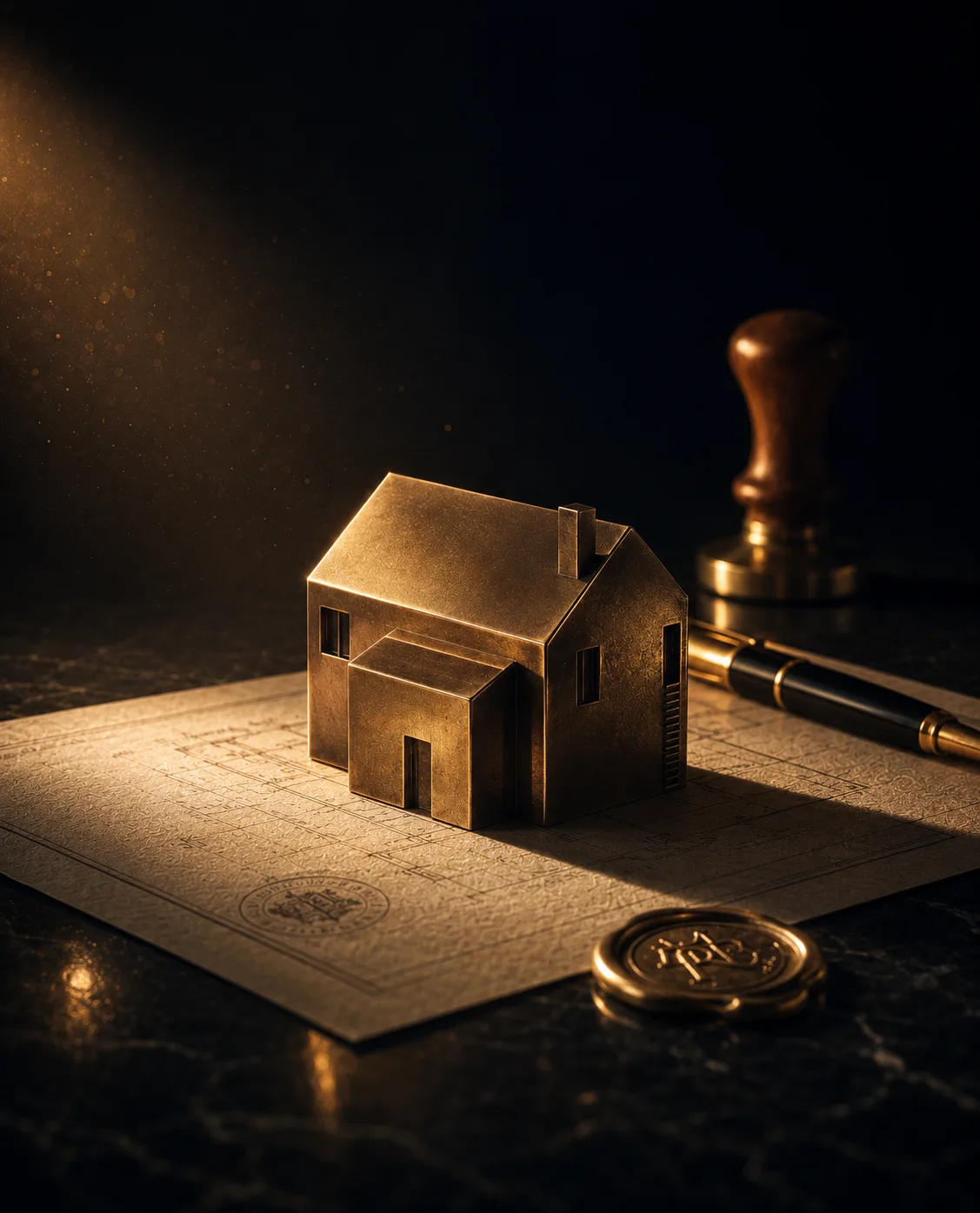 Casa e documentos representando uma operação imobiliária